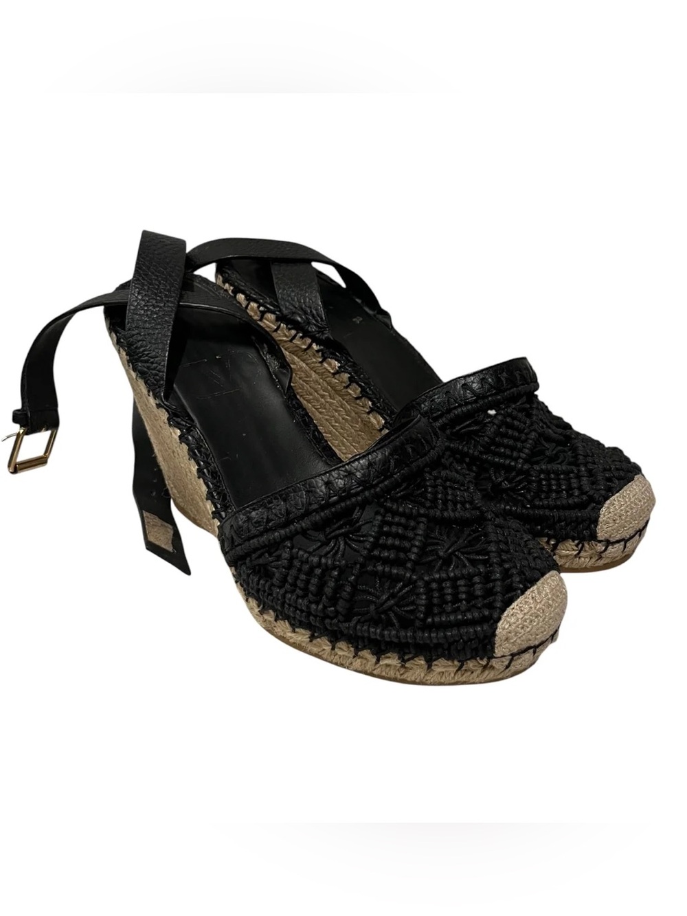 Valentino Garavani Black Woven Espadrille Wedge Sandals